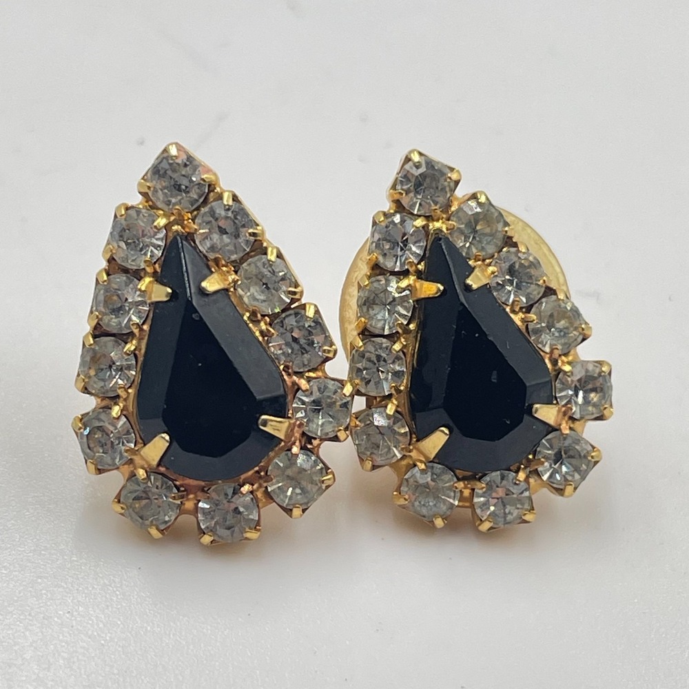 VTG Black Onyx Glass Tear Drop Rhinestone Halo Stud Gold Tone Earrings Classic
